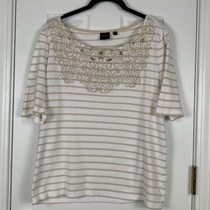 Rafaella cream and beige striped short sleeved top with embroidered details XL